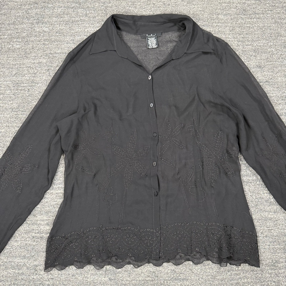 Vintage Eci New York Shirt Women Large Black Sheer Silk Whimsigoth Embroidered